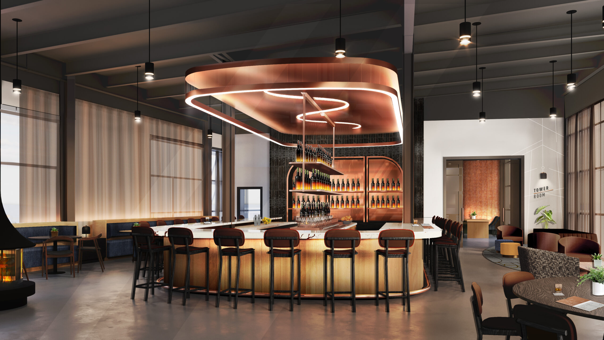 U shaped bar rendering featuring overhead custom lighting and seating